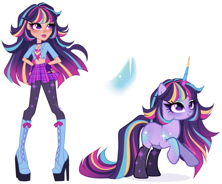 Size: 4215x3487 | Tagged: safe, artist:gihhbloonde, derpibooru import, twilight sparkle, human, pony, unicorn, equestria girls, bare midriff, boots, closed mouth, clothes, colored horn, crossover fusion, eyeshadow, female, fingerless gloves, fusion, g4, gloves, gradient hair, gradient mane, gradient tail, hand on hip, high heel boots, horn, image, jacket, jewelry, leggings, lightly watermarked, long horn, looking up, makeup, mare, multicolored horn, necklace, plaid skirt, platform boots, png, purple eyes, rearing, shoes, skirt, smiling, socks, sophia mendoza, standing, striped horn, tail, unicorn academy, watermark, windstar (unicorn academy)