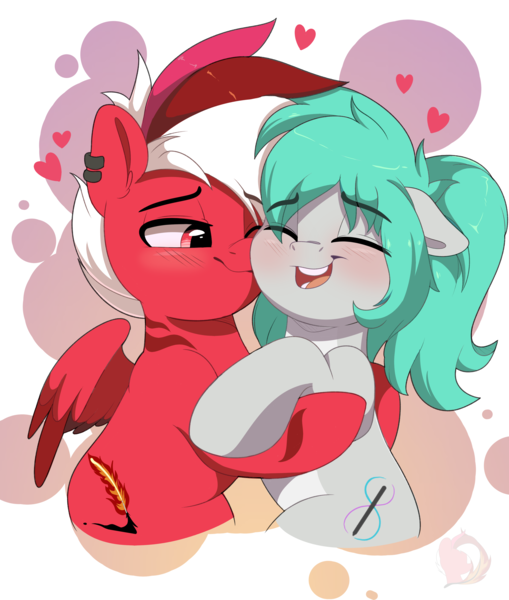 Size: 3232x3811 | Tagged: safe, artist:joaothejohn, derpibooru import, oc, oc:flamebrush, oc:rikka, original species, pegasus, pony, shark, shark pony, blushing, couple, cute, eyes closed, heart, holiday, image, kiss on the cheek, kissing, lidded eyes, open mouth, pegasus oc, png, ponytail, shipping, simple background, smiling, valentine's day, wings