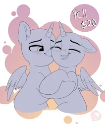 Size: 3232x3811 | Tagged: safe, artist:joaothejohn, derpibooru import, pony, blushing, commission, couple, cute, eyes closed, heart, holiday, image, kiss on the cheek, kissing, lidded eyes, open mouth, png, ponytail, shipping, simple background, smiling, valentine's day, wings, your character here