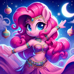 Size: 894x894 | Tagged: safe, ai content, machine learning generated, ponerpics import, ponybooru import, prompter:mylittlesonicthepony, pinkie pie, anthro, belly dancer, belly dancer outfit, crescent moon, generator:bing image creator, image, jpeg, moon, solo