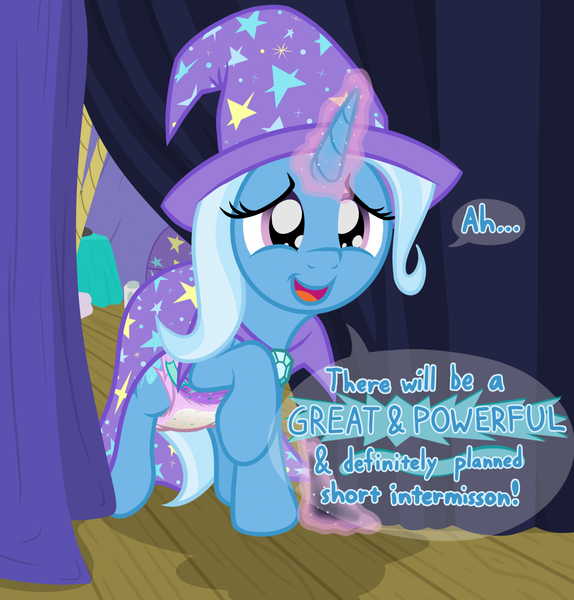 Size: 1877x1963 | Tagged: questionable, artist:nitei, derpibooru import, trixie, unicorn, backing away, brooch, cape, clothes, curtains, dialogue, diaper, diaper fetish, female, fetish, g4, great and powerful, grin, hat, image, jewelry, magic, messy diaper, nervous, nervous grin, non-baby in diaper, png, poofy diaper, poop, poopy diaper, raised hoof, smiling, solo, stage, trixie's brooch, trixie's cape, trixie's hat, used diaper