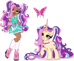Size: 4110x3415 | Tagged: safe, artist:gihhbloonde, derpibooru import, fluttershy, butterfly, human, insect, pony, unicorn, equestria girls, arm band, ava banji, bell, bell collar, belt, clothes, collar, colored horn, crossover fusion, dress, female, fingerless gloves, flower, flower in hair, flower in tail, fusion, g4, gloves, green eyes, horn, image, leaf (unicorn academy), lightly watermarked, long horn, long mane, long tail, mare, moderate dark skin, pigtails, png, raised hoof, slightly chubby, socks, standing, tail, unicorn academy, watermark