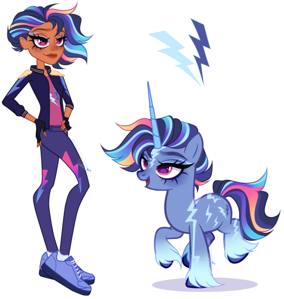 Size: 3095x3251 | Tagged: safe, artist:gihhbloonde, derpibooru import, blaze, rainbow dash, human, pony, unicorn, equestria girls, body markings, clothes, colored hooves, colored horn, crossover fusion, eyeshadow, female, fingerless gloves, freckles, fusion, g4, gloves, gradient legs, gradient mane, gradient tail, hand on hip, horn, image, jacket, lidded eyes, lightly watermarked, long horn, magenta eyes, makeup, mare, moderate dark skin, pants, png, rory carmichael, shirt, shoes, sneakers, storm (unicorn academy), tail, unicorn academy, unshorn fetlocks, watermark