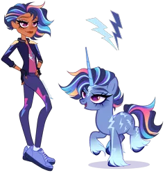 Size: 3095x3251 | Tagged: safe, artist:gihhbloonde, derpibooru import, blaze, rainbow dash, human, pony, unicorn, equestria girls, body markings, clothes, colored hooves, colored horn, crossover fusion, eyeshadow, female, fingerless gloves, freckles, fusion, g4, gloves, gradient legs, gradient mane, gradient tail, hand on hip, horn, image, jacket, lidded eyes, lightly watermarked, long horn, magenta eyes, makeup, mare, moderate dark skin, pants, png, rory carmichael, shirt, shoes, sneakers, storm (unicorn academy), tail, unicorn academy, unshorn fetlocks, watermark
