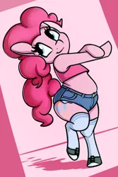 Size: 1046x1562 | Tagged: safe, artist:andelai, derpibooru import, pinkie pie, semi-anthro, belly, bipedal, chubby, clothes, female, image, kneesocks, png, short shirt, shorts, simple background, smiling, socks, solo, wide hips