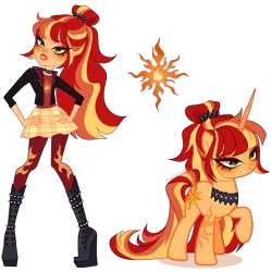 Size: 3320x3315 | Tagged: safe, artist:gihhbloonde, derpibooru import, sunset shimmer, human, pony, unicorn, equestria girls, boots, cinder (unicorn academy), closed mouth, clothes, collar, colored hooves, crossover fusion, female, fusion, g4, green eyes, hand on hip, horn, image, jacket, leather, leather jacket, leggings, lidded eyes, lightly watermarked, long horn, mare, plaid skirt, png, ponytail, raised hoof, shirt, shoes, skirt, smiling, unicorn academy, valentina furi, watermark