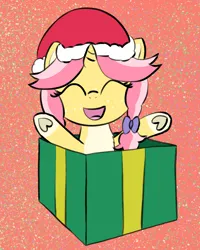Size: 1200x1500 | Tagged: safe, artist:craftycirclepony, derpibooru import, oc, oc:crafty circles, unofficial characters only, pony, unicorn, christmas, coat markings, cute, eyes closed, female, filly, foal, freckles, happy, hat, holiday, image, png, present, santa hat, smiling, socks (coat marking), solo, underhoof