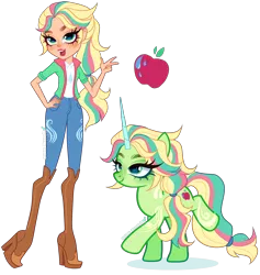 Size: 2940x3099 | Tagged: safe, artist:gihhbloonde, derpibooru import, human, pony, equestria girls, boots, closed mouth, clothes, colored horn, cowboy boots, crossover fusion, denim, female, freckles, fusion, g4, green eyes, hand on hip, high heel boots, horn, image, impossibly thin legs, isabel armstrong, jacket, jeans, lightly watermarked, long horn, mare, open mouth, open smile, pants, peace sign, png, ponytail, raised hoof, river (unicorn academy), shirt, shoes, smiling, unicorn academy, watermark