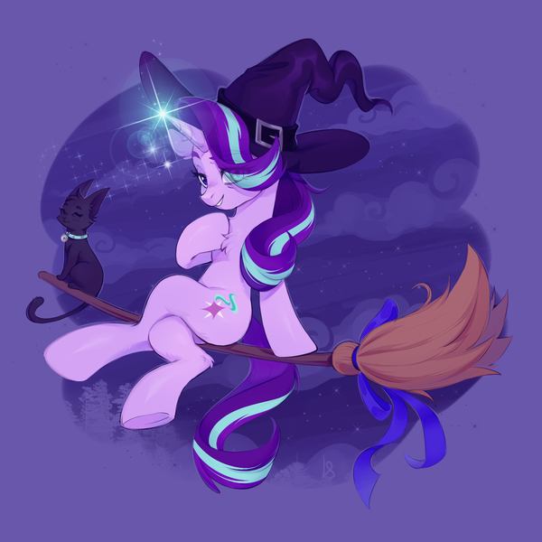 Size: 2514x2513 | Tagged: safe, artist:ls_skylight, edit, ponerpics import, starlight glimmer, cat, pony, unicorn, :3, bell, bell collar, broom, chest fluff, chromatic aberration removal, collar, commission, crossed legs, eye clipping through hair, female, flying, flying broomstick, glow, glowing horn, halloween, hat, high res, holiday, hoof on chest, horn, image, lens flare, looking at you, magic, mare, night, png, smiling, smiling at you, solo, tail, witch, witch hat, ych result