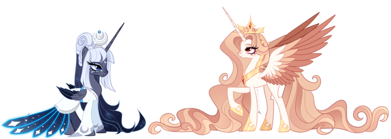 Size: 5033x1802 | Tagged: safe, artist:gihhbloonde, derpibooru import, princess celestia, princess luna, alicorn, pony, blue eyes, closed mouth, clothes, coat markings, colored wings, colored wingtips, crown, duo, ethereal mane, ethereal tail, eyeshadow, facial markings, female, folded wings, g4, gradient mane, gradient tail, hair bun, hoof shoes, horn, image, jewelry, kimono (clothing), lightly watermarked, long horn, long mane, long tail, looking up, makeup, mare, peytral, pink eyes, png, princess shoes, raised hoof, redesign, regalia, siblings, sisters, smiling, spread wings, star (coat marking), starry mane, tail, watermark, white-haired luna, wings