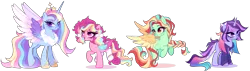 Size: 5592x1597 | Tagged: safe, artist:gihhbloonde, derpibooru import, oc, unnamed oc, unofficial characters only, alicorn, pegasus, pony, unicorn, alicorn oc, bow, braid, closed mouth, clothes, colored wings, colored wingtips, crown, female, folded wings, freckles, g4, gradient eyebrows, gradient mane, gradient tail, gradient wings, grin, group, hair bow, hoodie, hoof shoes, horn, image, jewelry, leonine tail, lidded eyes, lightly watermarked, long mane, long tail, looking at you, magical lesbian spawn, mare, multicolored hair, offspring, open mouth, open smile, orange eyes, parent:applejack, parent:pinkie pie, parent:princess cadance, parent:rainbow dash, parent:twilight sparkle, parents:appledash, parents:cadash, parents:pinkiedash, parents:twidash, pegasus oc, pigtails, pink eyes, png, princess shoes, quartet, rainbow eyeshadow, rainbow hair, raised hoof, regalia, smiling, socks, tail, unicorn oc, watermark, wings