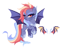 Size: 2256x1746 | Tagged: safe, artist:gihhbloonde, derpibooru import, oc, unnamed oc, unofficial characters only, bat pony, pony, bat pony oc, bat wings, closed mouth, colored wings, ear piercing, earring, eyeshadow, female, flying, g4, gif, gradient wings, hoof shoes, image, jewelry, lidded eyes, lightly watermarked, looking at you, makeup, mare, multicolored hair, orange eyes, parent:night guard, parent:rainbow dash, peytral, piercing, rainbow hair, slit pupils, smiling, turned head, watermark, wings