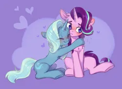 Size: 1898x1379 | Tagged: safe, artist:ls_skylight, edit, ponerpics import, starlight glimmer, trixie, pony, unicorn, blushing, chest fluff, chromatic aberration removal, cute, daaaaaaaaaaaw, duo, eyes closed, female, heart, hug, image, lesbian, png, purple background, shipping, simple background, sitting, sketch, startrix