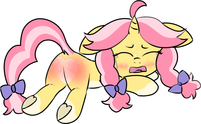 Size: 1695x1051 | Tagged: safe, artist:craftycirclepony, derpibooru import, oc, oc:crafty circles, unofficial characters only, pony, unicorn, abuse, blushing, bow, butt, butt freckles, coat markings, crying, cute, dock, female, filly, floppy ears, foal, freckles, hair bow, heart butt, image, lying down, open mouth, png, prone, sad, smiling, socks (coat marking), solo, spanking, tail, underhoof