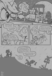 Size: 3300x4800 | Tagged: safe, artist:wandrevieira1994, derpibooru import, oc, oc:calamity, oc:littlepip, unofficial characters only, pegasus, pony, unicorn, fallout equestria, binoculars, comic, gun, image, monochrome, png, rain, rifle, sketch, speech bubble, weapon