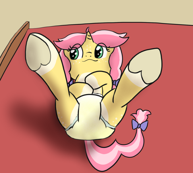 Size: 1549x1384 | Tagged: questionable, artist:craftycirclepony, derpibooru import, oc, oc:crafty circles, unofficial characters only, pony, unicorn, bow, butt freckles, changing table, coat markings, cute, diaper, diaper change, diaper fetish, female, fetish, filly, foal, freckles, hair bow, happy, hoof heart, image, looking sideways, lying down, offscreen character, on back, png, pov, smiling, socks (coat marking), solo, underhoof, wet diaper