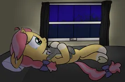 Size: 1781x1178 | Tagged: safe, artist:craftycirclepony, derpibooru import, oc, oc:crafty circles, unofficial characters only, raccoon, bed, bedroom, bow, butt freckles, coat markings, crying, freckles, hair bow, hoof heart, hug, image, looking out the window, night, night sky, pillow, plushie, png, sad, sky, socks (coat marking), solo, stargazing, teary eyes, underhoof, window