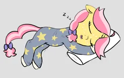 Size: 1596x1004 | Tagged: safe, artist:craftycirclepony, derpibooru import, oc, oc:crafty circles, unofficial characters only, pony, unicorn, bow, clothes, coat markings, cute, eyes closed, floppy ears, footed sleeper, freckles, hair bow, image, lying down, onesie, onomatopoeia, open mouth, pajamas, pillow, png, sleeping, socks (coat marking), solo, sound effects, stars, zzz