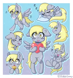 Size: 3000x3200 | Tagged: safe, artist:bubblegooey, derpibooru import, derpy hooves, pegasus, pony, :3, :p, ^^, bleh, blush sticker, blushing, cute, derp, derpabetes, ear fluff, expressions, eyes closed, female, floppy ears, flying, folded wings, food, g4, gradient background, gray coat, happy, heart, high res, holding, image, laughing, letter, lidded eyes, looking at you, looking back, mailmare, mare, mouth hold, muffin, onomatopoeia, open mouth, open smile, pillow, png, raised hoof, raised leg, signature, sitting, sleeping, smiling, smug, solo, sound effects, sparkles, spread wings, standing, standing on two hooves, starry eyes, surprised, tongue out, wingding eyes, wings, yellow eyes, yellow mane, zzz
