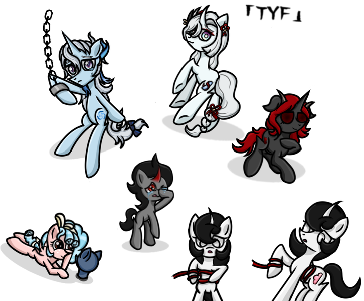 Size: 980x810 | Tagged: safe, artist:taoyvfei, derpibooru import, cozy glow, king sombra, oc, oc:taoyvfei, earth pony, pegasus, pony, unicorn, bipedal, crying, genshin impact, horn, image, isaac, lilith（the binding of isaac）, neuvillette (genshin impact ), png, shenhe (genshin impact), the binding of isaac