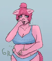 Size: 1800x2100 | Tagged: suggestive, artist:crackyyu, derpibooru import, pinkie pie, anthro, belly grab, belly growl, bra, clothes, fat, gassy, image, jpeg, pony ears, simple background, solo, stomach noise, underwear