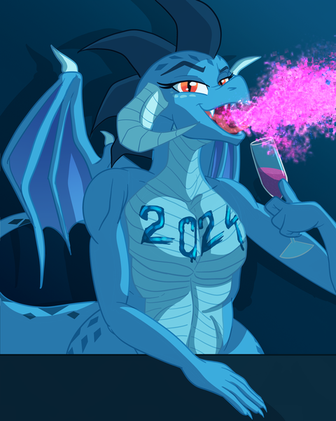 Size: 2000x2500 | Tagged: suggestive, artist:sixes&sevens, derpibooru import, princess ember, 2024, alcohol, drink, female, fire, fire breath, image, png, solo, year of the dragon