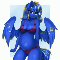Size: 4096x4096 | Tagged: suggestive, artist:yutakira92, derpibooru import, oc, oc:plasma volt, unofficial characters only, anthro, pegasus, belly button, bra, breasts, cleavage, clothes, female, image, jpeg, looking at you, outie belly button, panties, pregnant, solo, solo female, underwear, wings