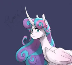 Size: 2476x2251 | Tagged: safe, artist:stellardoodles, derpibooru import, princess flurry heart, alicorn, earth pony, pony, blue background, bust, female, high res, horn, horn ring, image, jewelry, looking at you, mare, older, older flurry heart, png, ring, simple background, smiling, smiling at you, solo