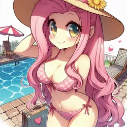 Size: 1024x1024 | Tagged: safe, ai content, derpibooru import, machine learning generated, fluttershy, human, adorasexy, anime, beach hat, belly button, bikini, blushing, breasts, busty fluttershy, clothes, cute, female, g4, generator:bing image creator, generator:dall-e 3, hat, humanized, image, jpeg, long hair, looking at you, outdoors, pink bikini, sexy, shyabetes, side-tie bikini, smiling, smiling at you, solo, standing, swimming pool, swimsuit, umbrella, water