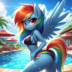Size: 1024x1024 | Tagged: safe, ai content, derpibooru import, machine learning generated, rainbow dash, anthro, pegasus, ass, bikini, black bikini, blushing, breasts, butt, clothes, g4, generator:bing image creator, generator:dall-e 3, image, jpeg, looking at you, looking back, looking back at you, outdoors, rainbutt dash, sexy, smiling, smiling at you, solo, spread wings, swimming pool, swimsuit, umbrella, water, wet, winged anthro, wings, wrong cutie mark