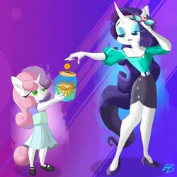 Size: 3456x3456 | Tagged: safe, artist:bluedragon0812, derpibooru import, rarity, sweetie belle, anthro, plantigrade anthro, pony, unicorn, abstract background, belle sisters, coin, cute, darling jar, diasweetes, duo, duo female, eyeshadow, female, filly, foal, glasses, glasses off, gradient background, image, jar, jpeg, lidded eyes, makeup, mare, rarity's glasses, siblings, sisters, swear jar