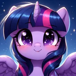 Size: 1024x1024 | Tagged: safe, ai content, derpibooru import, machine learning generated, prompter:doomguy397, twilight sparkle, twilight sparkle (alicorn), alicorn, pony, g4, blush lines, blushing, bust, cute, female, generator:dall-e 3, gradient background, image, jpeg, looking at you, mare, sky background, smiling, smiling at you, solo, spread wings, starry sky, twiabetes, wings