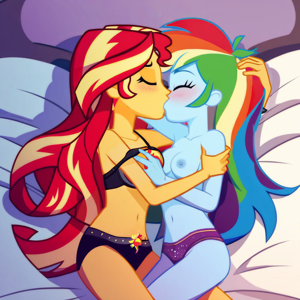 Size: 1024x1024 | Tagged: safe, ai content, anonymous prompter, derpibooru import, machine learning generated, stable diffusion, rainbow dash, sunset shimmer, equestria girls, bed, blushing, bra, breast grab, breasts, clothes, duo, duo female, exposed breasts, eyes closed, female, females only, generator:pony diffusion v6 xl, grope, image, kissing, laying on bed, lesbian, lying down, on bed, panties, png, shipping, show accurate, sunsetdash, underwear