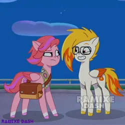 Size: 2560x2560 | Tagged: safe, artist:ramixe dash, derpibooru import, pegasus, pony, g5, my little pony: tell your tale, duo, duo female, female, flare (g5), glasses, image, jpeg, mare, night, screencap background, watermark, windy (g5)