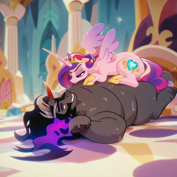 Size: 4096x4096 | Tagged: prompter needed, source needed, suggestive, ai content, derpibooru import, machine learning assisted, machine learning generated, stable diffusion, king sombra, princess cadance, alicorn, unicorn, absurd resolution, bed, bedroom, butt, digestion, domination, fat, g4, generator:pony diffusion v6 xl, image, implied shining armor, jpeg, lying down, male, plump, post-vore, somblob, submission, sweat, vore, weight gain
