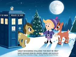 Size: 1024x768 | Tagged: safe, artist:tim-kangaroo, derpibooru import, doctor whooves, time turner, christmas, christmas lights, christmas tree, crossover, doctor who, footprint, full moon, hermey, holiday, image, moon, night, png, rankin/bass, rudolph the red nosed reindeer, snow, subtitles, tardis, tree