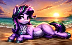 Size: 3264x2048 | Tagged: safe, ai content, anonymous artist, derpibooru import, machine learning generated, stable diffusion, starlight glimmer, pony, unicorn, beach, blushing, chest fluff, detailed, detailed background, ear fluff, female, feral, fluffy, g4, generator:easyfluff v11.2, happy, high res, hooves, image, jewelry, looking at you, lying, lying down, mare, missing cutie mark, necklace, ocean, png, side, smiling, smiling at you, solo, sunset, water