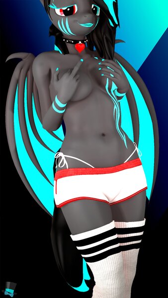 Size: 2160x3840 | Tagged: questionable, artist:glitchwithahat, ponerpics import, oc, unofficial characters only, anthro, 3d, breasts, clothes, covering breasts, female, image, jpeg, nipples, nudity, shorts