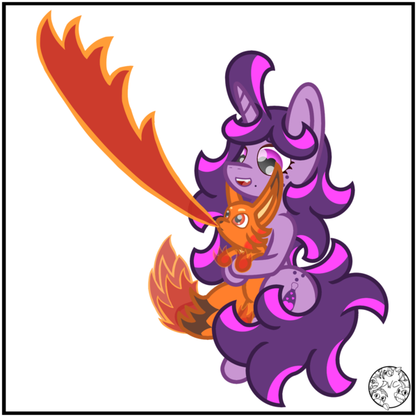 Size: 2000x2000 | Tagged: safe, artist:dice-warwick, derpibooru import, oc, oc:fizzy fusion pop, fox, pony, unicorn, female, fire, flamethrower, hug, image, mare, palworld, png, simple background, transparent background, weapon