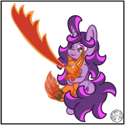 Size: 2000x2000 | Tagged: safe, artist:dice-warwick, derpibooru import, oc, oc:fizzy fusion pop, fox, pony, unicorn, female, fire, flamethrower, hug, image, mare, palworld, png, simple background, transparent background, weapon