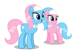 Size: 5057x3500 | Tagged: safe, artist:forsakensharikan, derpibooru import, aloe, lotus blossom, earth pony, pony, a friend in deed, closed mouth, duo, duo female, female, image, mare, open mouth, open smile, png, simple background, smiling, spa twins, transparent background, vector