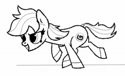 Size: 2011x1231 | Tagged: safe, artist:scandianon, derpibooru import, oc, unnamed oc, unofficial characters only, earth pony, pony, black and white, female, grayscale, image, jpeg, linux, mare, monochrome, raised hoof, running, simple background, smiling, solo, white background
