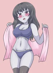 Size: 2052x2808 | Tagged: suggestive, artist:sumin6301, derpibooru import, octavia melody, human, equestria girls, belly button, blushing, bra, breasts, busty octavia melody, cleavage, clothes, curvy, female, high res, image, jpeg, looking at you, open mouth, panties, pink background, simple background, socks, solo, solo female, stockings, thigh highs, towel, underwear