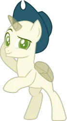 Size: 1560x2812 | Tagged: safe, artist:magicalbases, derpibooru import, alicorn, pony, bald, base, bipedal, bipedal leaning, colored pupils, colt, cowboy hat, eyebrows, foal, hat, horn, image, leaning, looking at you, male, png, raised eyebrow, simple background, smiling, smiling at you, solo, transparent background, transparent horn, transparent wings, wings