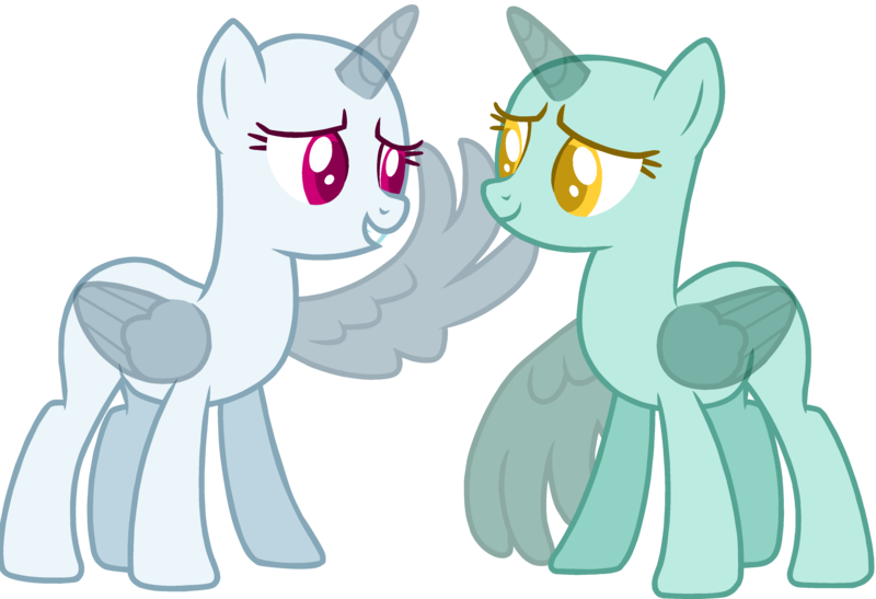 Size: 4125x2820 | Tagged: safe, artist:magicalbases, derpibooru import, alicorn, pony, bald, base, duo, duo female, female, folded wings, grin, horn, image, looking at each other, looking at someone, mare, png, simple background, smiling, smiling at each other, spread wings, touching face, transparent background, transparent horn, transparent wings, wing caress, wings