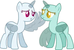Size: 4125x2820 | Tagged: safe, artist:magicalbases, derpibooru import, alicorn, pony, bald, base, duo, duo female, female, folded wings, grin, horn, image, looking at each other, looking at someone, mare, png, simple background, smiling, smiling at each other, spread wings, touching face, transparent background, transparent horn, transparent wings, wing caress, wings