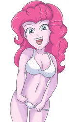 Size: 1585x2781 | Tagged: suggestive, artist:sumin6301, derpibooru import, pinkie pie, human, equestria girls, g4, 2d, belly button, bra, breasts, busty pinkie pie, cleavage, clothes, female, image, jpeg, legs, looking at you, midriff, open mouth, panties, simple background, smiling, smiling at you, solo, thighs, underwear, white background