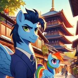 Size: 1024x1024 | Tagged: safe, ai content, derpibooru import, machine learning generated, prompter:*rainbow dash*, rainbow dash, soarin', clothes, female, g4, generator:bing image creator, image, japan, jpeg, male, pagoda, shipping, sky, soarindash, straight, street, suit