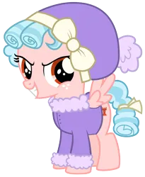 Size: 1275x1553 | Tagged: safe, derpibooru import, edit, cozy glow, pegasus, pony, clothes, cozybetes, cute, evil grin, female, filly, foal, g4, grin, image, png, simple background, smiling, solo, transparent background, winter outfit