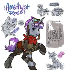 Size: 3470x3712 | Tagged: safe, artist:opalacorn, derpibooru import, oc, oc:amethyst rose, unofficial characters only, pony, unicorn, armor, bandana, boots, cart, clothes, commission, goggles, goggles on head, image, jpeg, magic, male, pulling, shoes, simple background, smiling, solo, stallion, telekinesis, white background, wrench